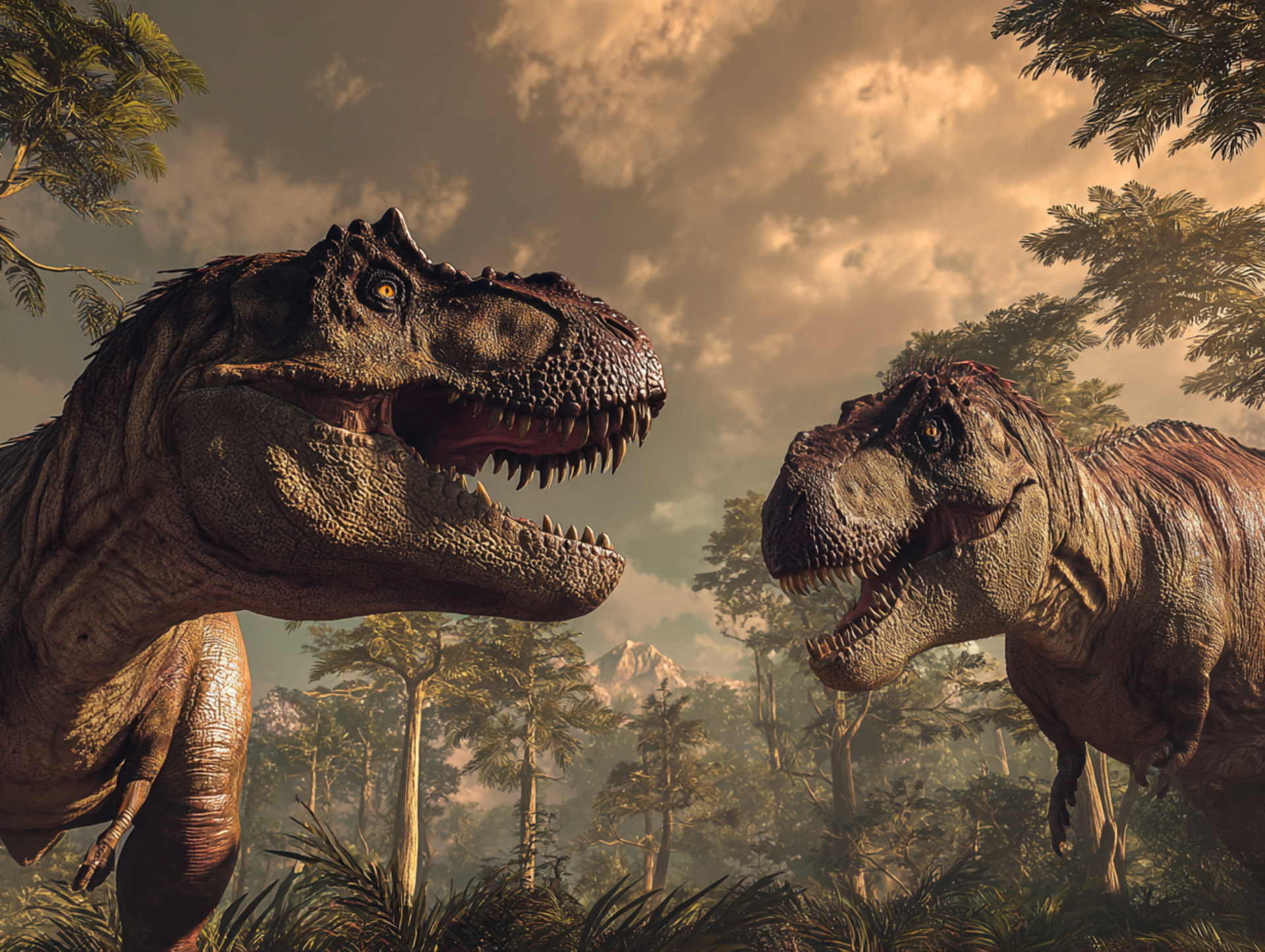 Zwei T-Rex stehen sich gegenüber und brüllen sich an – urzeitlicher Kontakt – Primeval Insights
